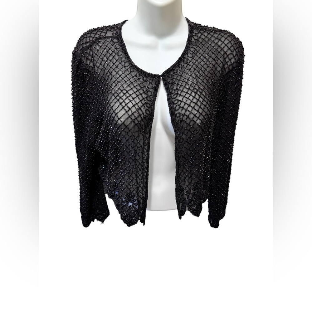 VTG Scala 100% Silk Beaded Short Bolero Jacket Scalloping L Black Formal Wedding